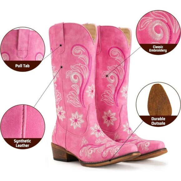 ⭐ IUV Women's Embroidered Cowboy Boots - Mid Calf Western Snip Toe Cowgirl Boots - Picture 3 of 6